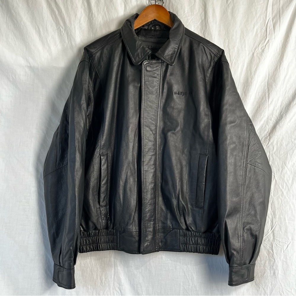 Netjets Leather Bomber Jacket Men L Large Napa Leather Black Aviator Flight Coat